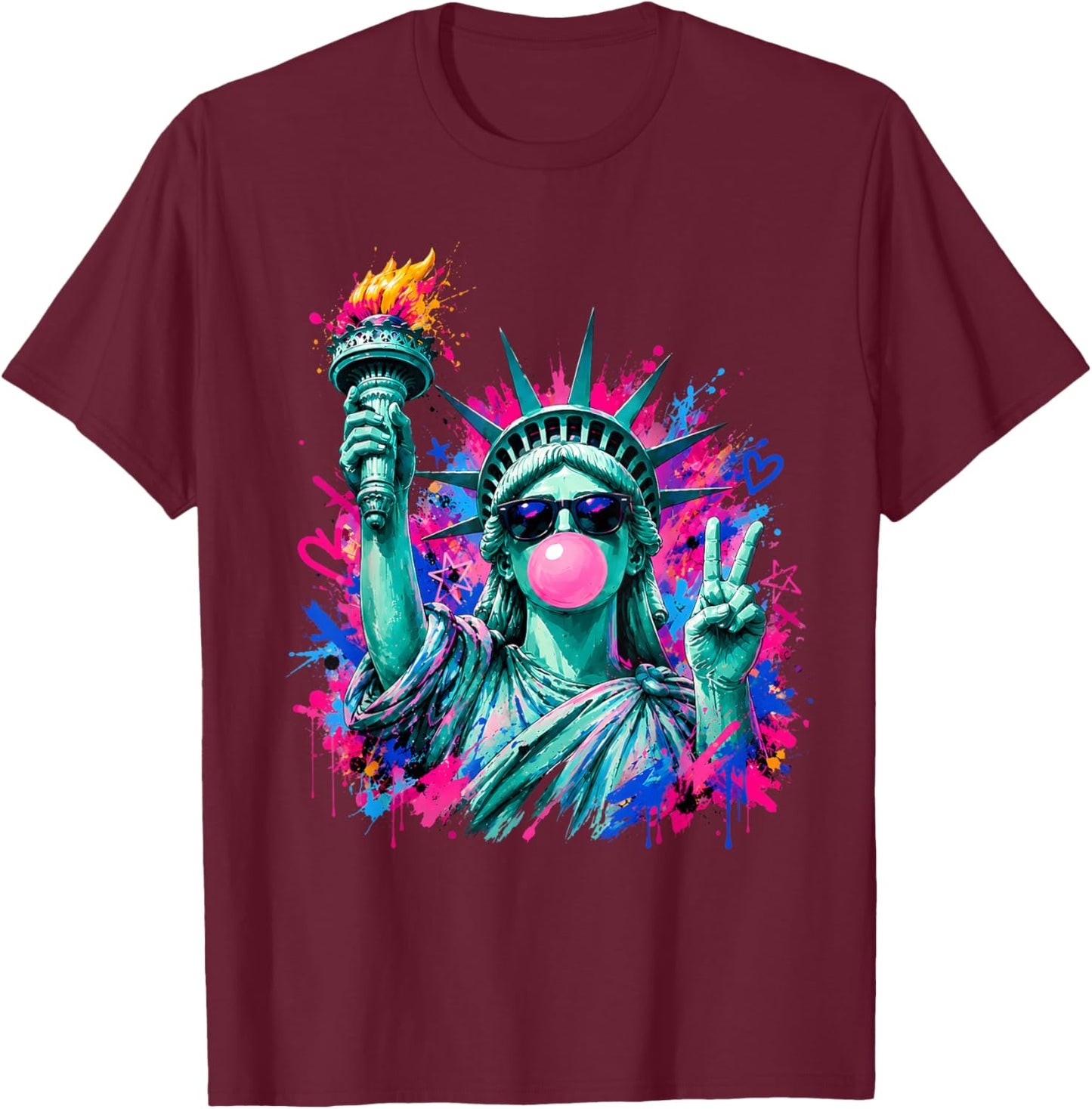 Statue of Liberty Bubble Gum Patriotic Memorial Day 4th July T-Shirt - T-Shirt | Maroon