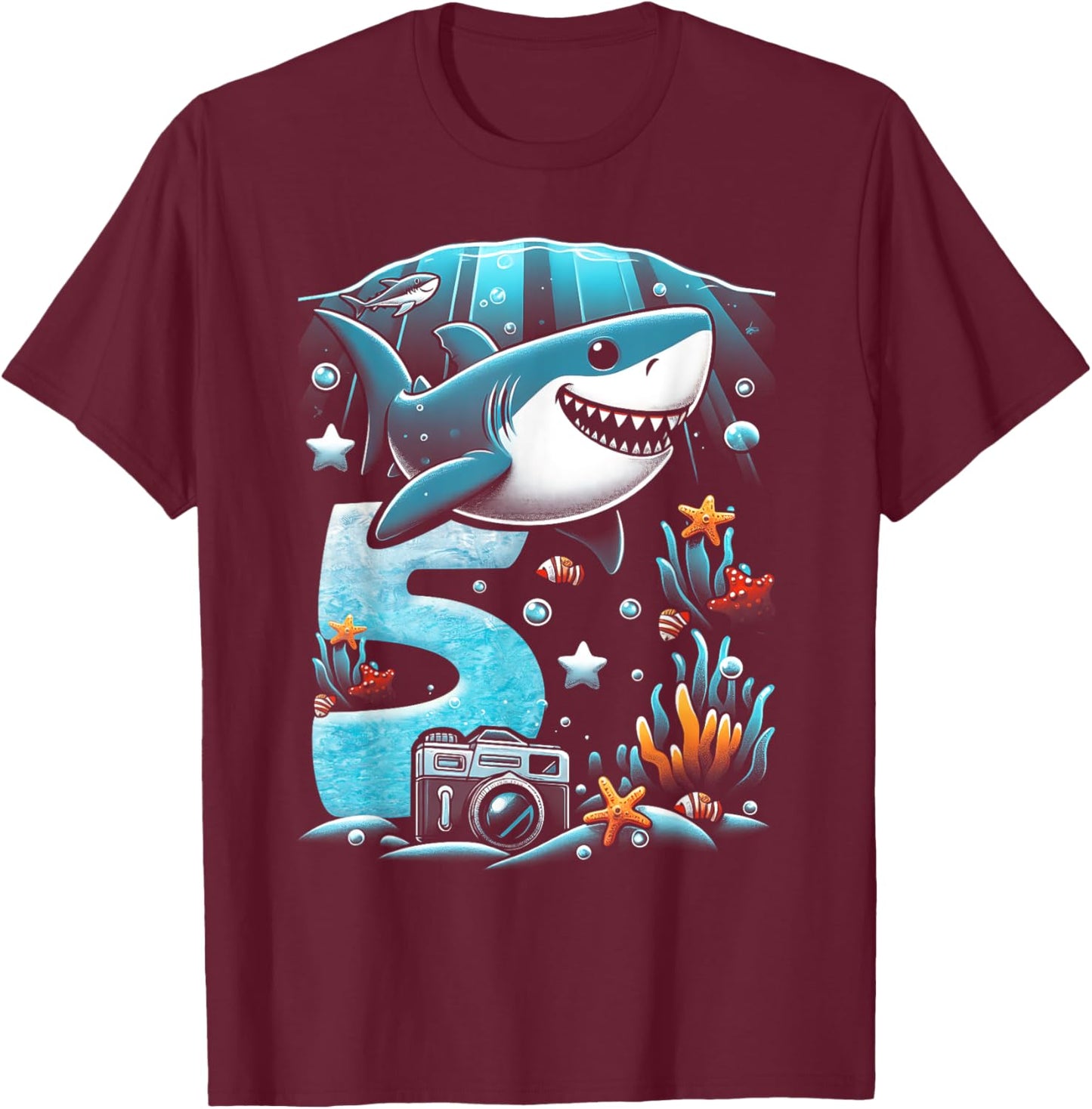 Shark 5th Birthday Under Sea 5 Year Old Birthday Party Theme T-Shirt - T-Shirt | Maroon