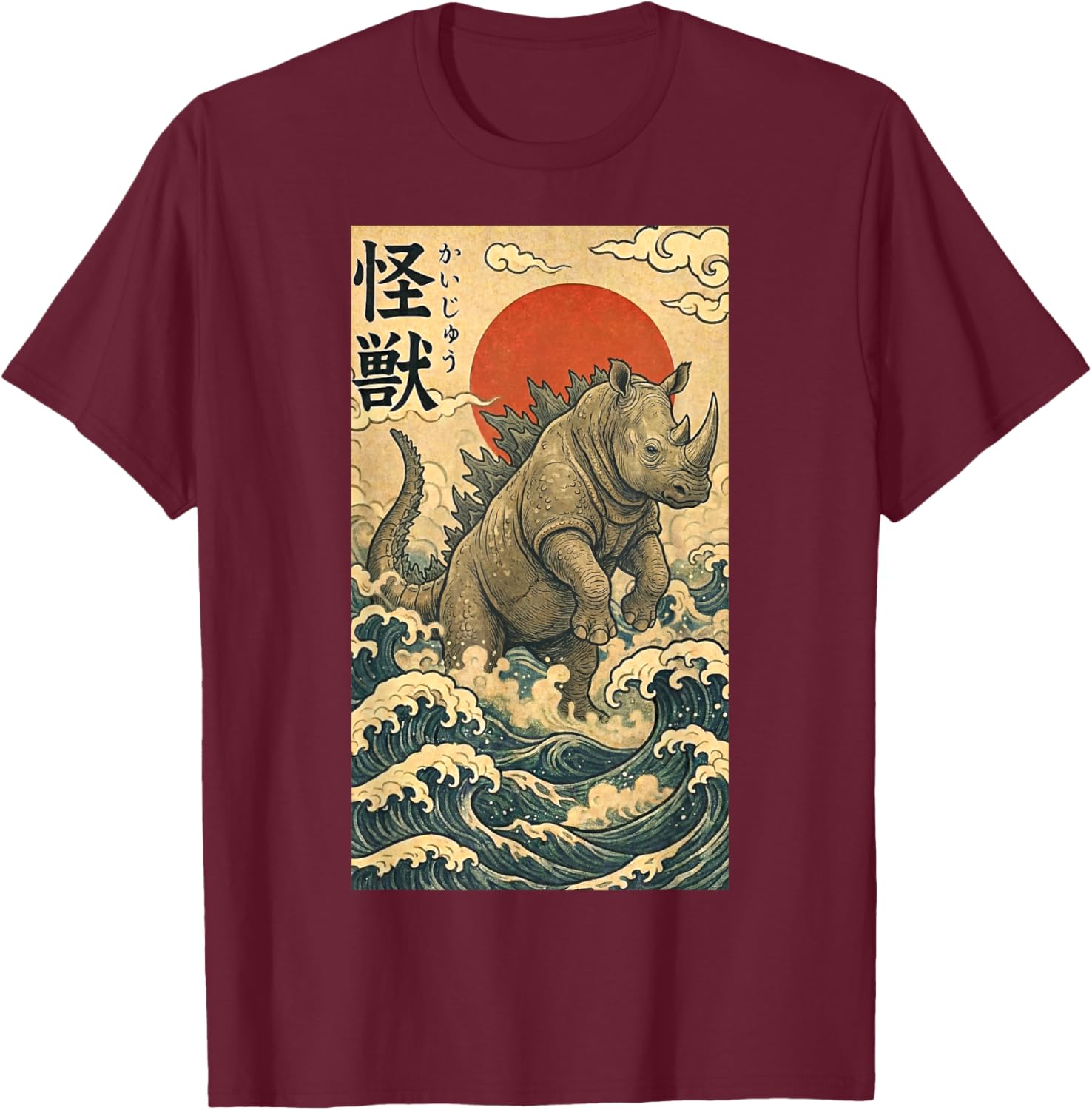 Rhinozilla Rhinoceros Japanese Art Funny Rhino T-Shirt - T-Shirt | Maroon