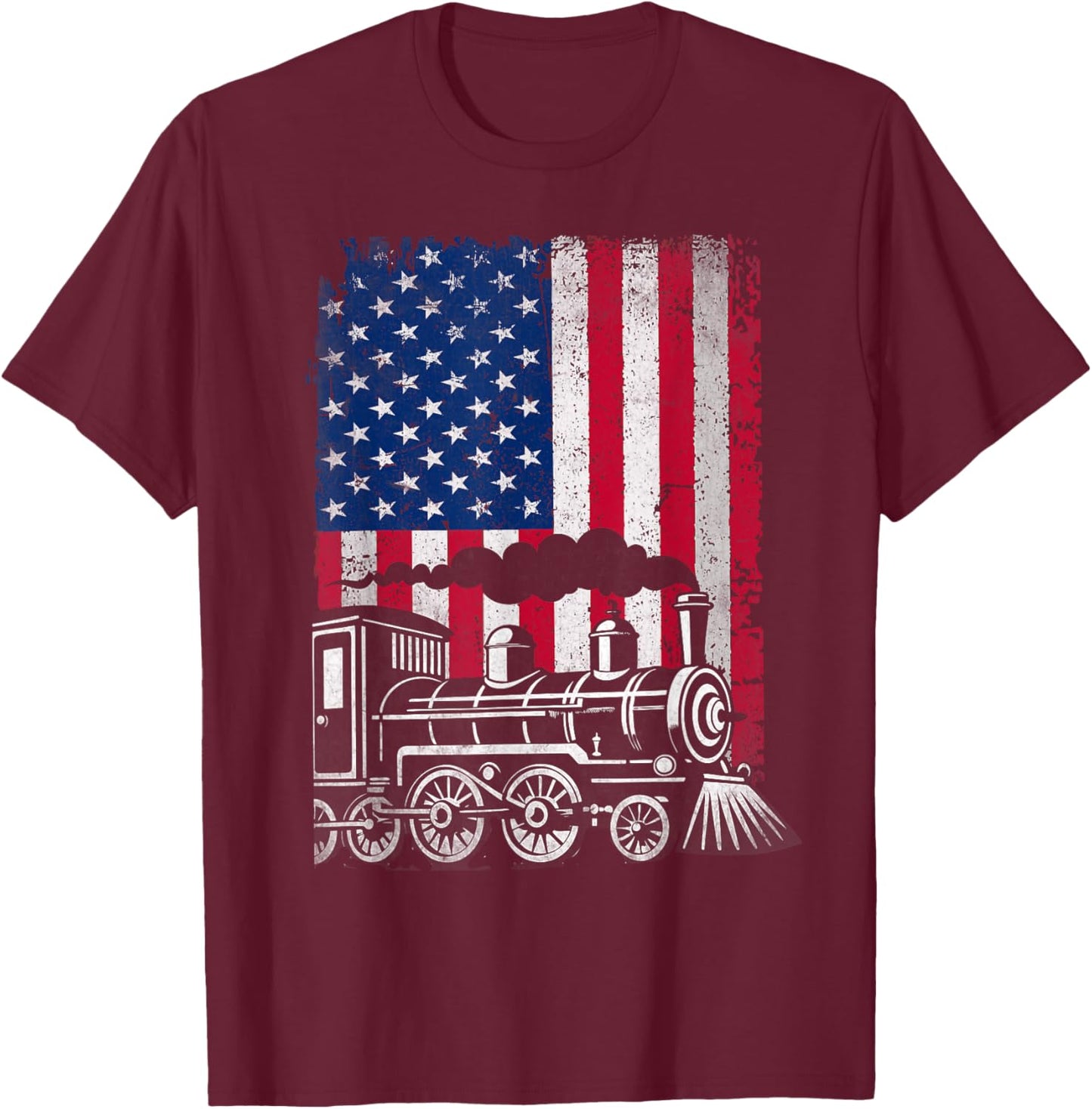 Patriotic Train Locomotive American Flag Railroad Conductor T-Shirt - T-Shirt | Maroon