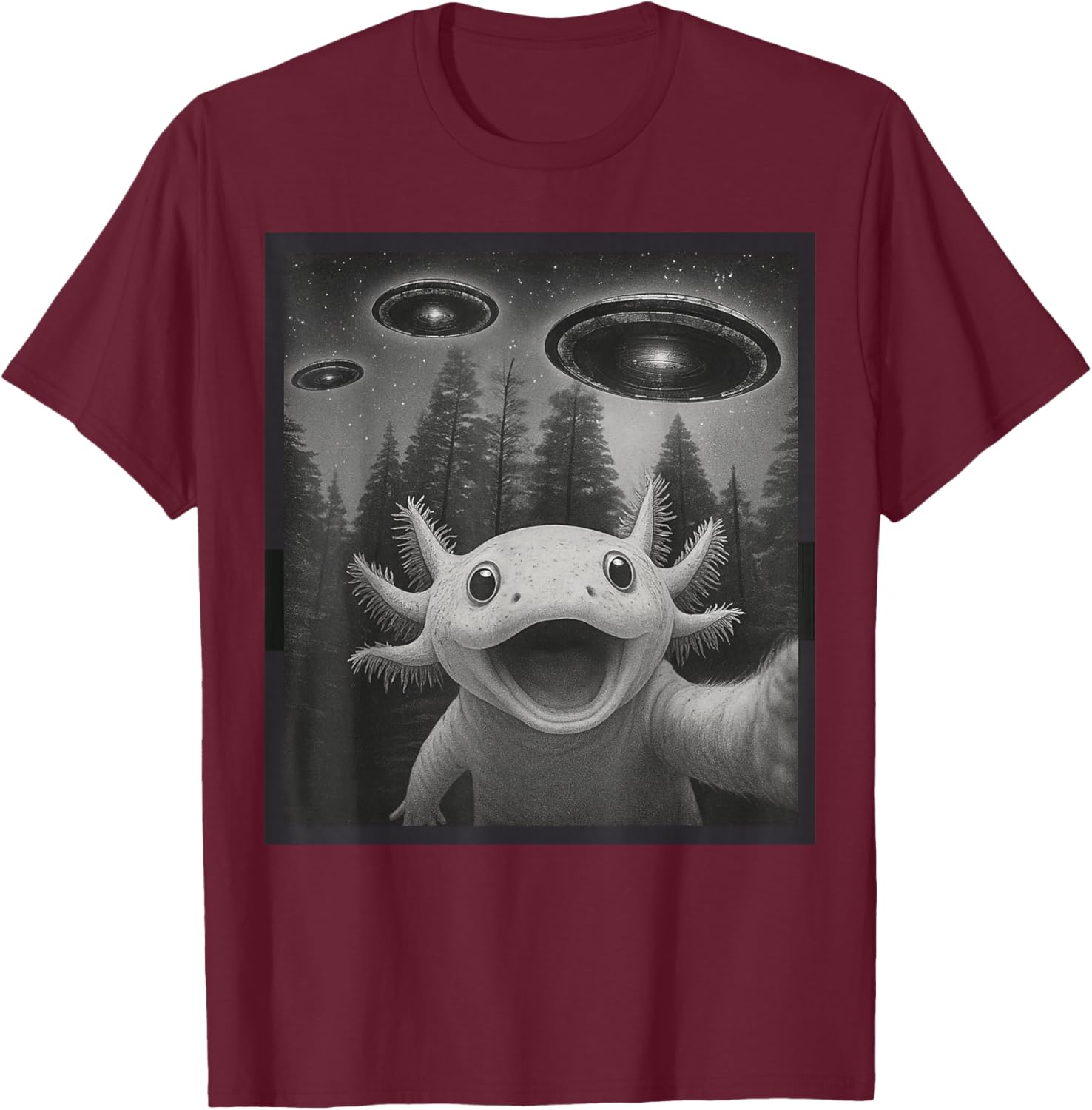 Funny Axolotl Selfie Alien UFO Gifts Women Boy Kid T-Shirt - T-Shirt | Maroon