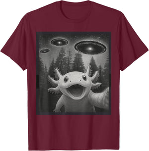 Funny Axolotl Selfie Alien UFO Gifts Women Boy Kid T-Shirt - T-Shirt | Maroon