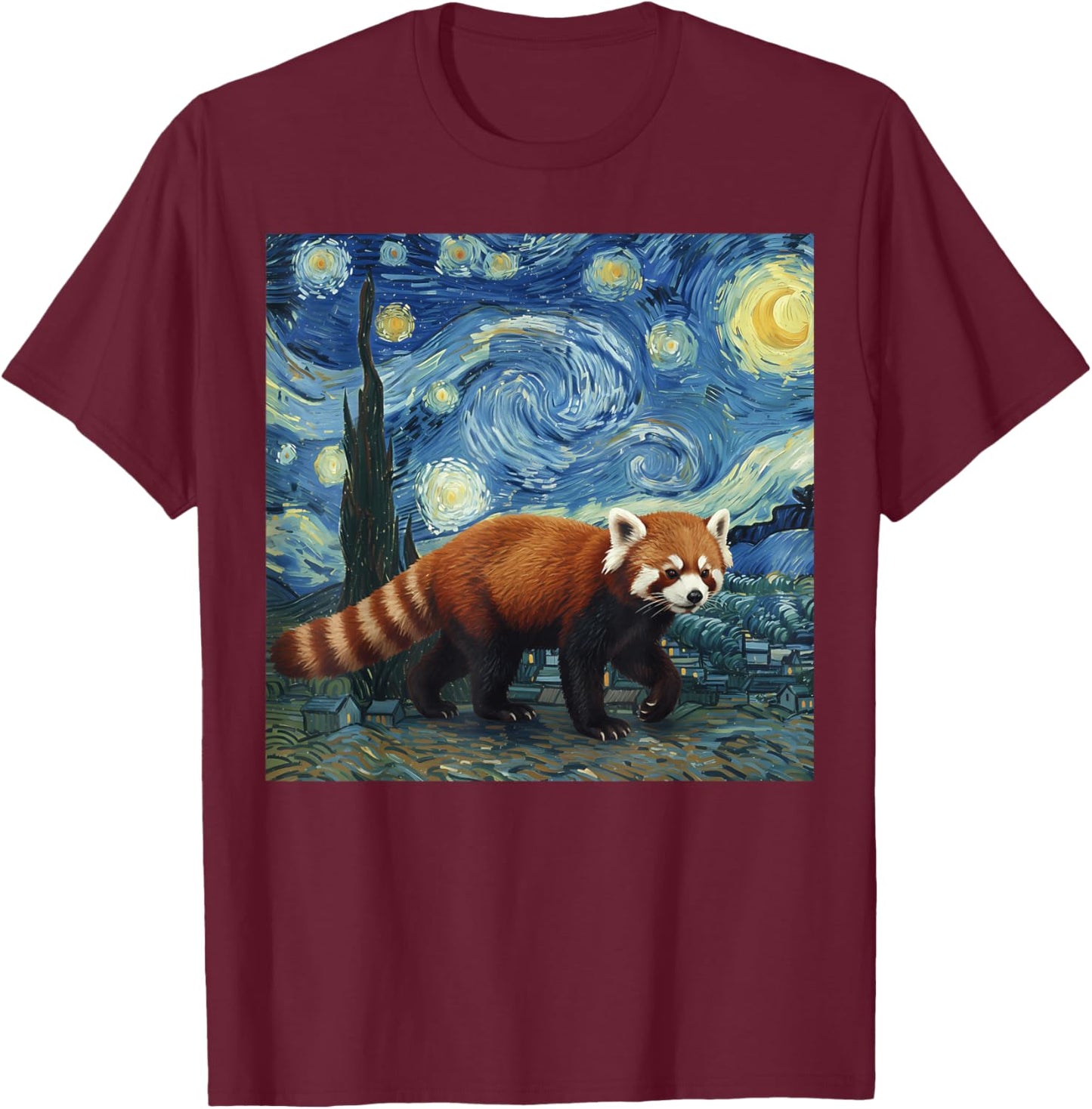 Red Panda Van Gogh Starry Night Painting Animal Art Design T-Shirt - T-Shirt | Maroon
