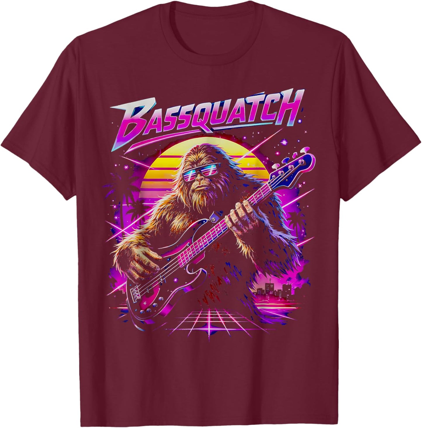 Vintage Bassquatch! Funny Bigfoot Bass Guitar 90s T-Shirt - T-Shirt | Maroon