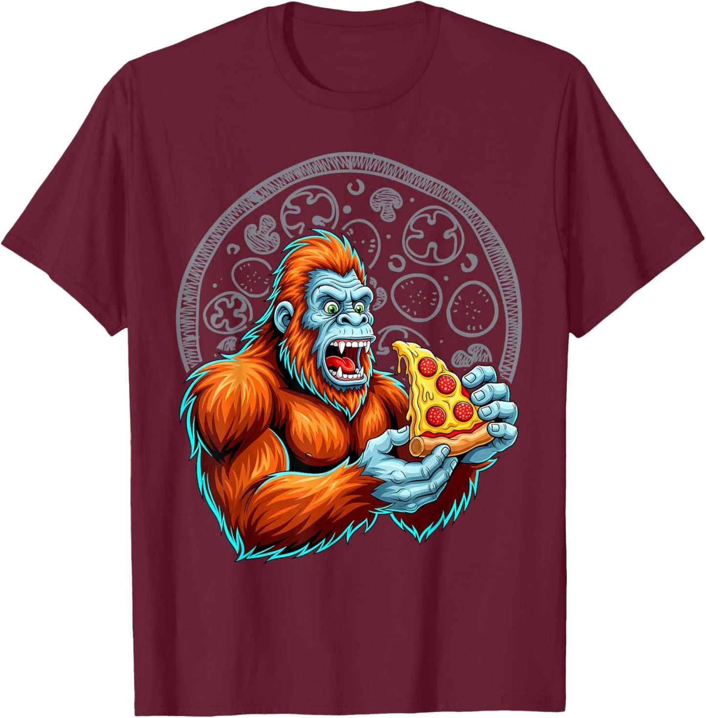 Bigfoot Eating Pizza Cute Sasquatch Funny T-Shirt - T-Shirt | Maroon