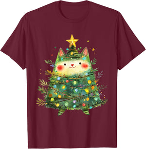 Cat Christmas Tree Pajamas Girls Boys Xmas Lights T-Shirt - T-Shirt | Maroon