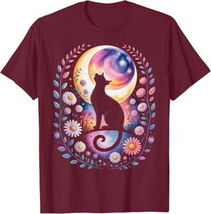 Mystic Moon Cat with Stars - Witchy Halloween Celestial Art T-Shirt - T-Shirt | Maroon