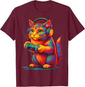 Cat Gamer Funny Video Games Gamer Cat Funny Gaming T-Shirt - T-Shirt | Maroon