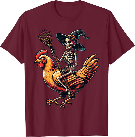 Skeleton Riding A Chicken Funny Halloween Pumpkin Boys T-Shirt - T-Shirt | Maroon