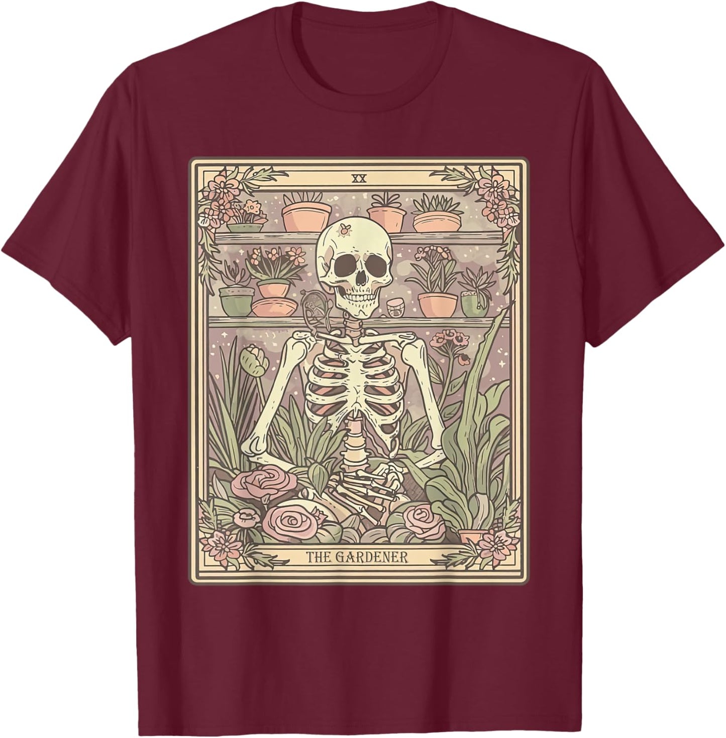 The Gardener Tarot Card Skeleton Plant Floral Gardening T-Shirt - T-Shirt | Maroon