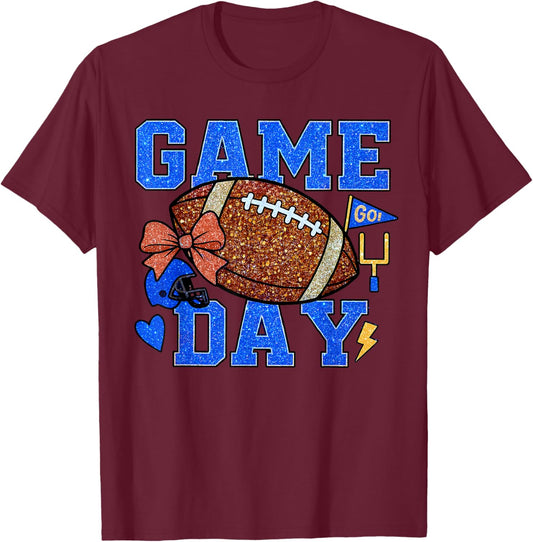 Game Day Football Season Football Mama Blue Gold Bow Girls T-Shirt - T-Shirt | Maroon