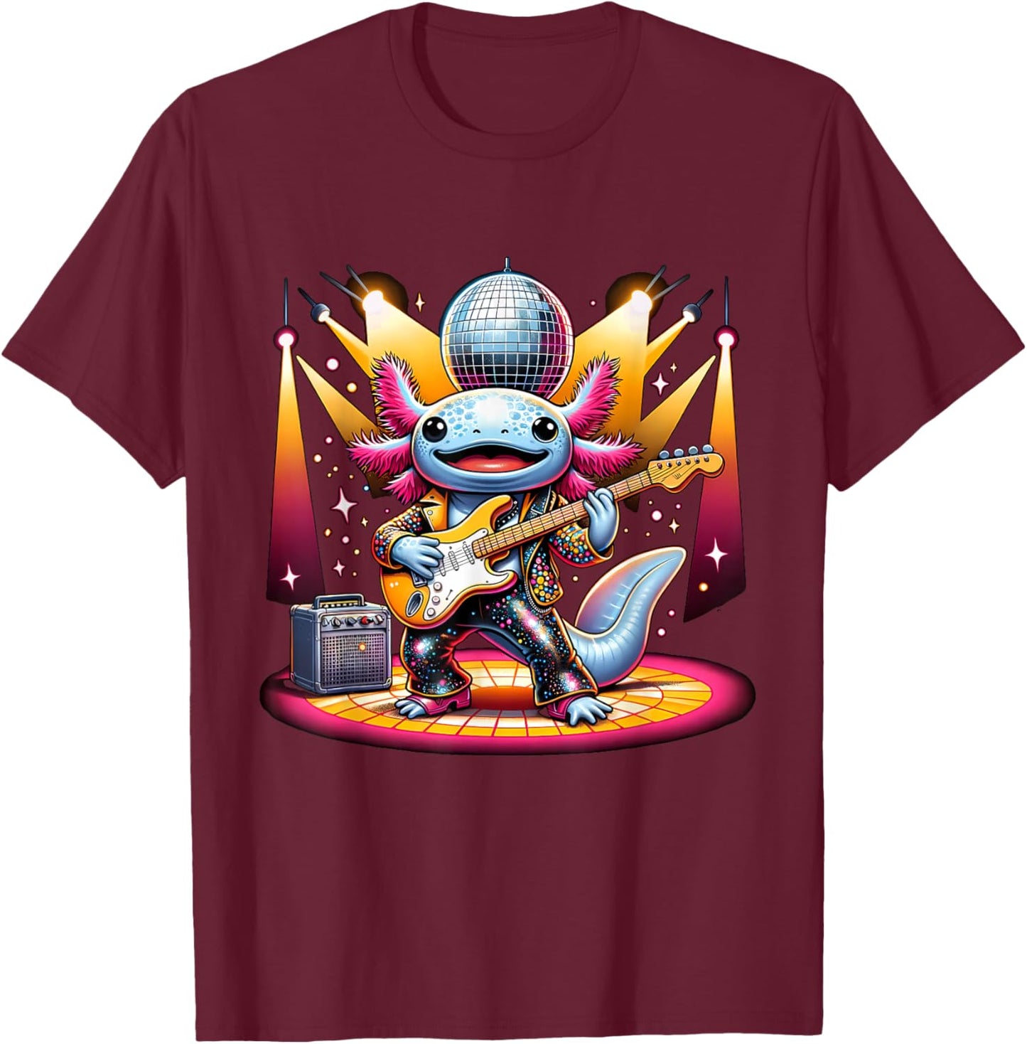 Disco Ball Guitar Axolotl T-Shirt - T-Shirt | Maroon