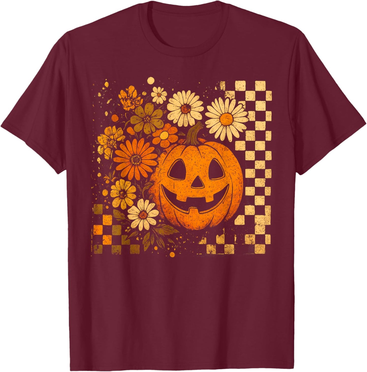 Retro Pumpkin Sunflower Daisy Thanksgiving Halloween Fall T-Shirt - T-Shirt | Maroon