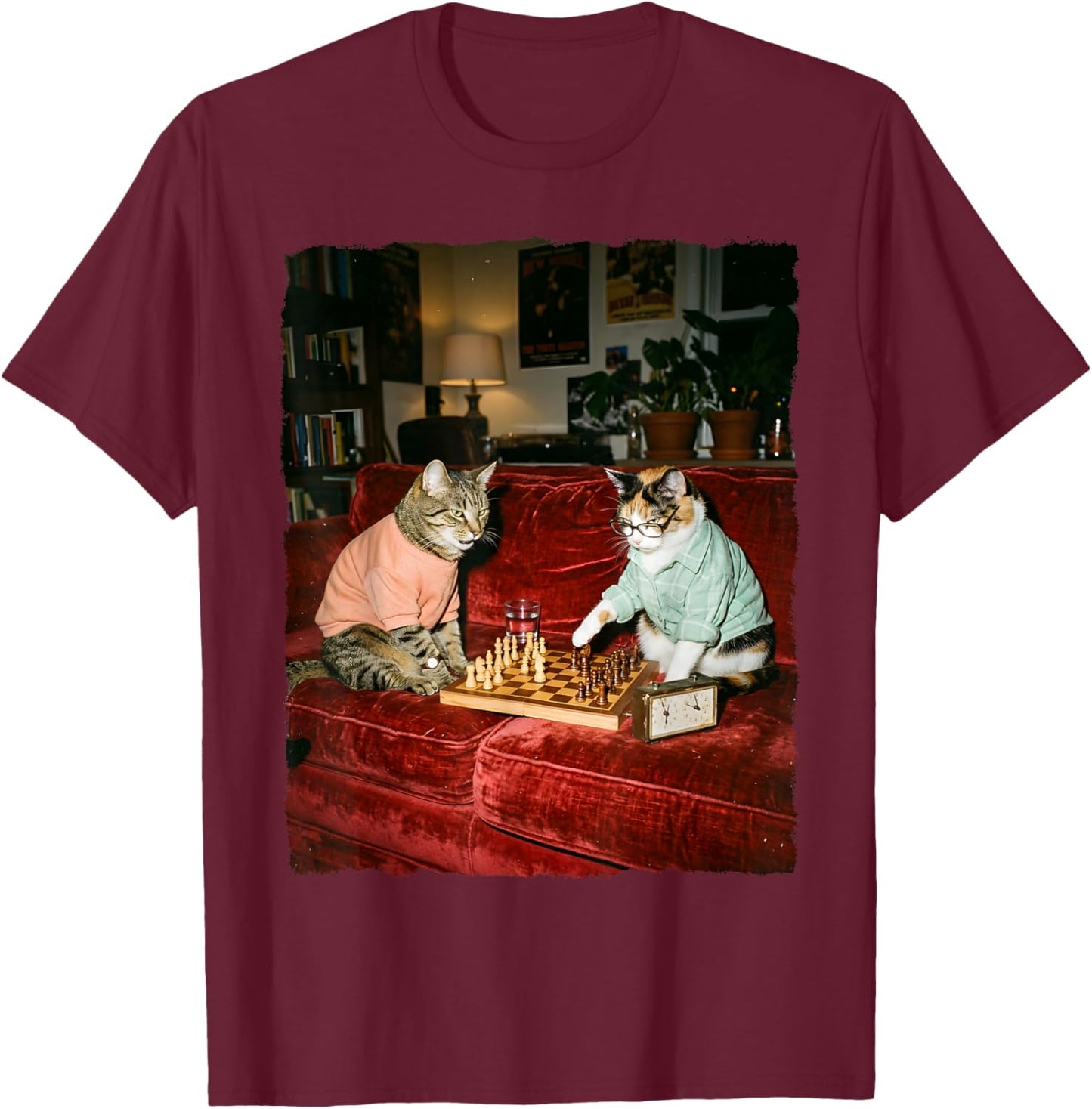 Funny Cats Playing Chess Player Checkmate Board Game Lover T-Shirt - T-Shirt | Maroon
