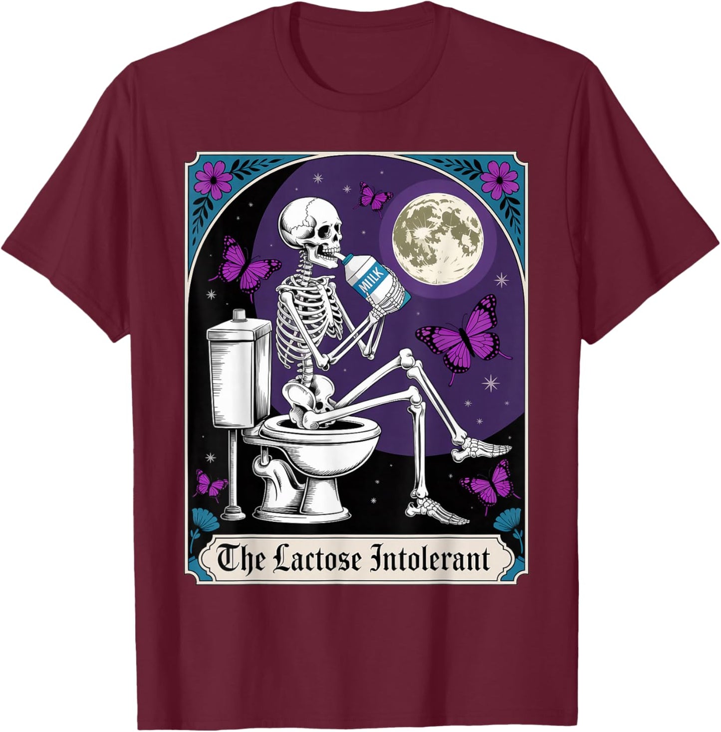 Tarot Card Skeleton Milk Allergies Food Lactose Intolerant T-Shirt - T-Shirt | Maroon