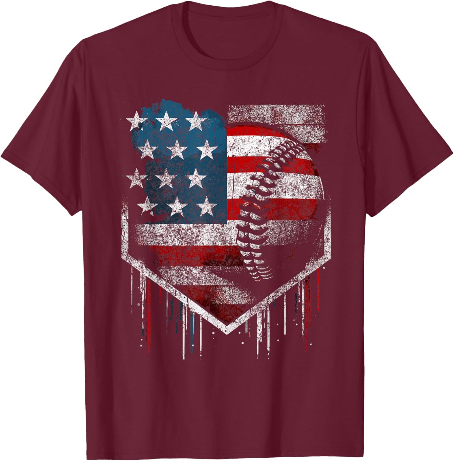 Baseball Dripping Retro American Flag T-Shirt - T-Shirt | Maroon
