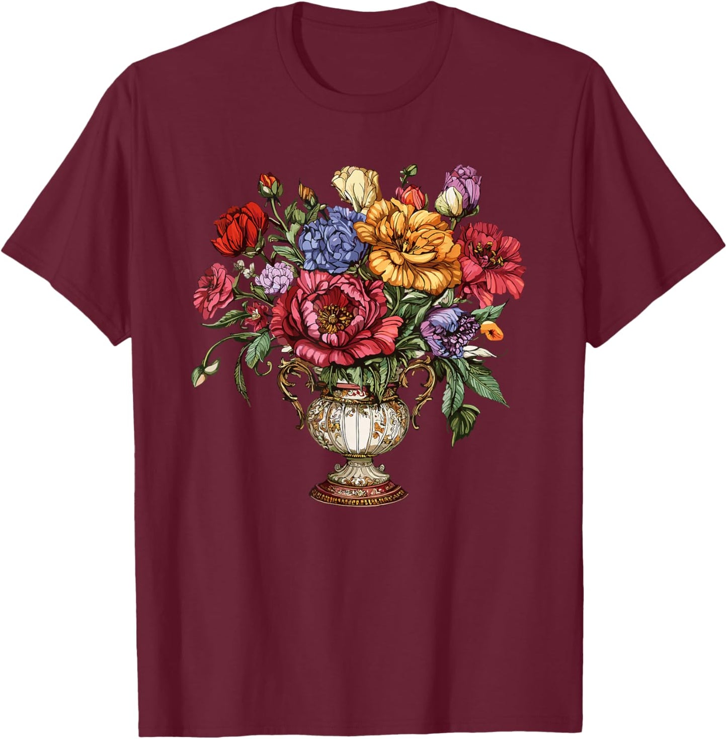 Victorian Floral Vase Elegant Bouquet Garden Flowers T-Shirt - T-Shirt | Maroon