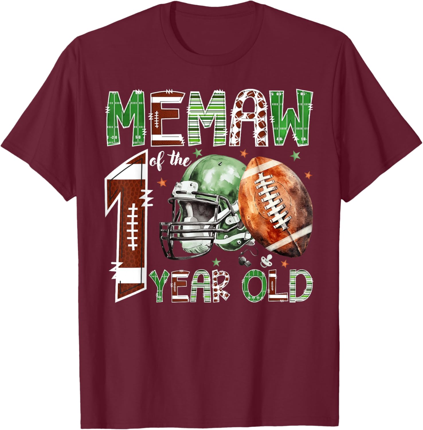 Memaw of The 1 Year Old Football Lover 1st Birthday Boy T-Shirt - T-Shirt | Maroon