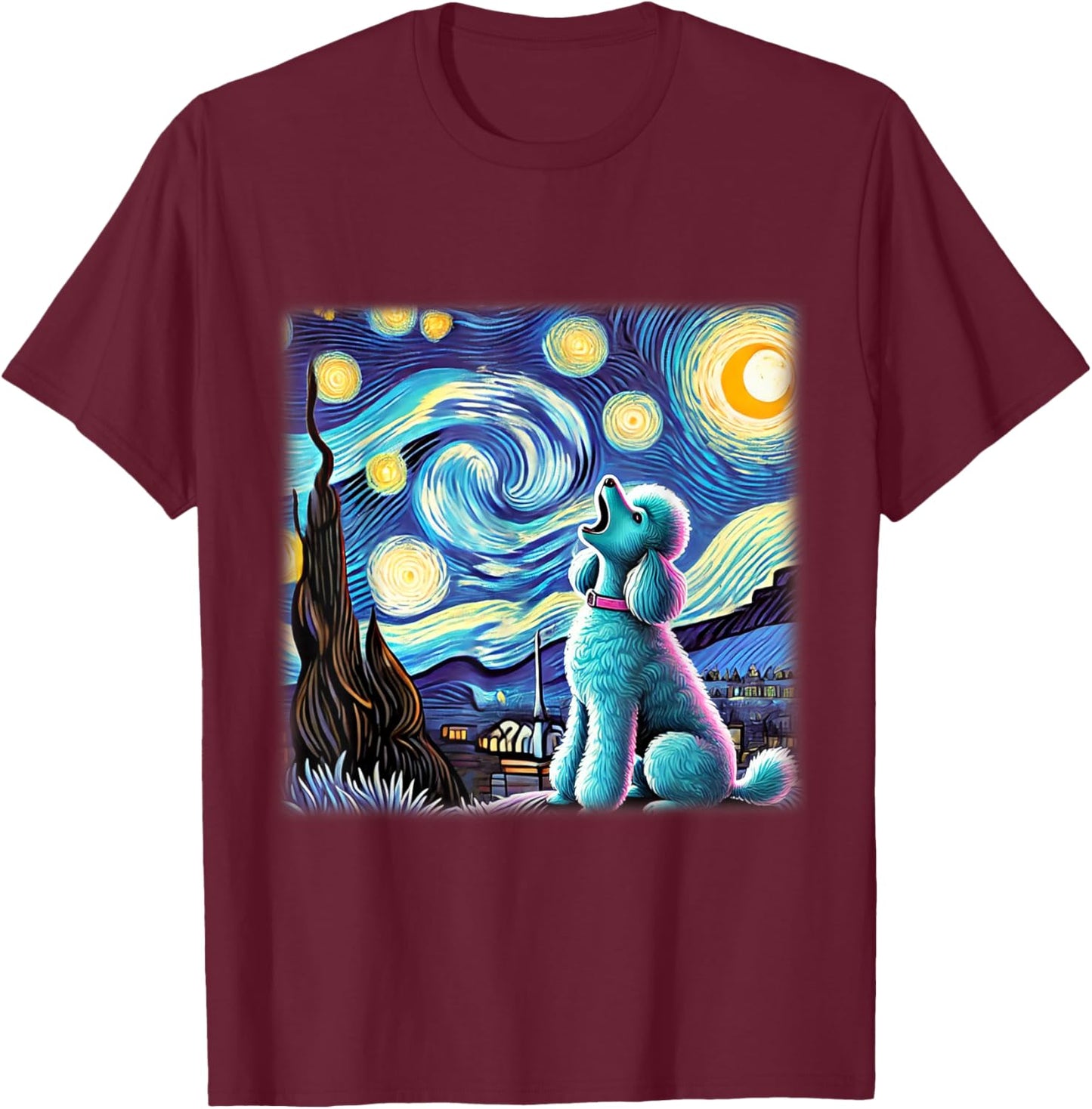 Poodle Starry Night Shirt Van Gogh Painting Poodle Dog Lover Men Women Kids T-Shirt - T-Shirt | Maroon