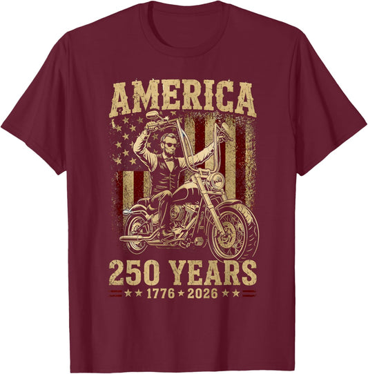 Vintage Abraham Abe Lincoln Riding a Motorcycle 250 Years T-Shirt - T-Shirt | Maroon