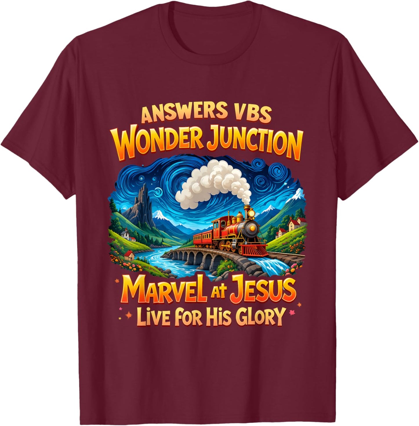 Christian Camp VBS 2025 Wonder His Glory Junction Train T-Shirt - T-Shirt | Maroon