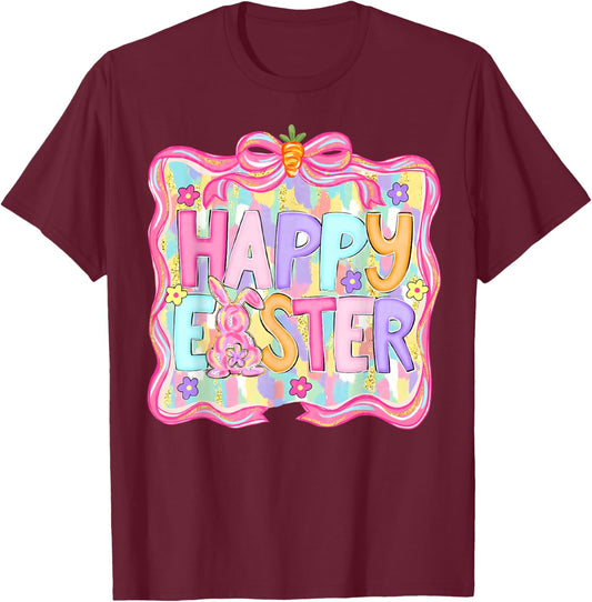 Preppy Happy Easter Bunny Coquette Bow Girl Women Kid T-Shirt - T-Shirt | Maroon