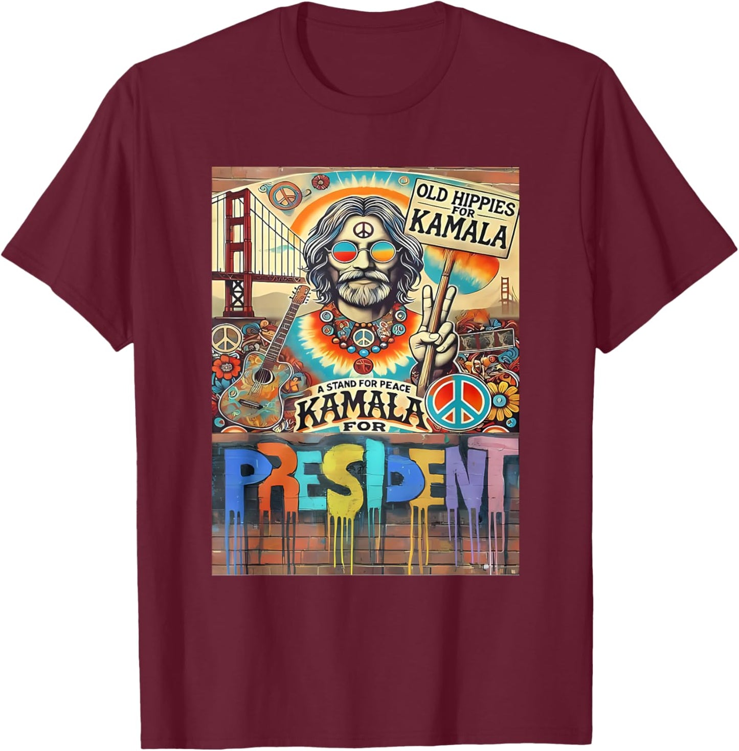 Old Hippies for Kamala 2024 Peace & Love Campaign T-Shirt - T-Shirt | Maroon