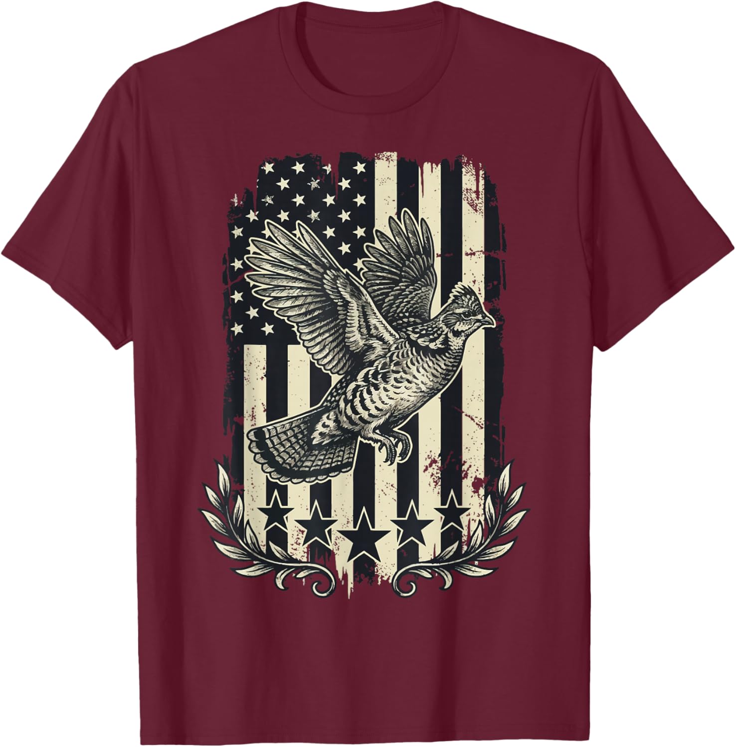 Ruffed Grouse USA Flag 4th of July Hunter T-Shirt - T-Shirt | Maroon