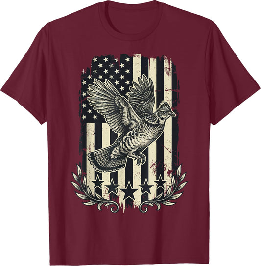 Ruffed Grouse USA Flag 4th of July Hunter T-Shirt - T-Shirt | Maroon