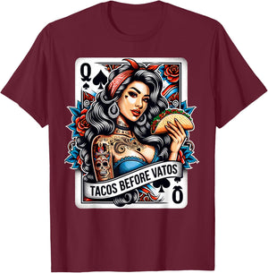 Tacos Before Vatos Mexican Latina Chicana Pin-Up Girl Tattoo T-Shirt - T-Shirt | Maroon