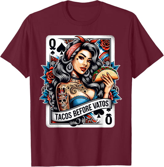 Tacos Before Vatos Mexican Latina Chicana Pin-Up Girl Tattoo T-Shirt - T-Shirt | Maroon
