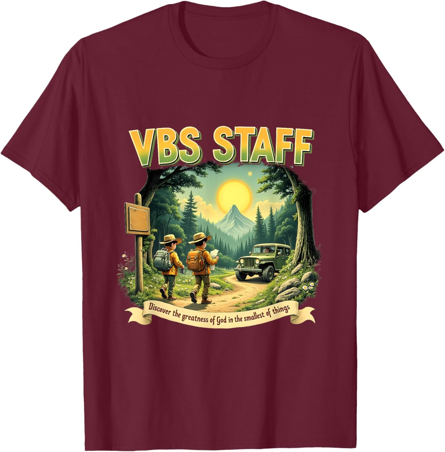 VBS Staff Adventure Magnified Smallest Insects VBS Team 2025 T-Shirt - T-Shirt | Maroon