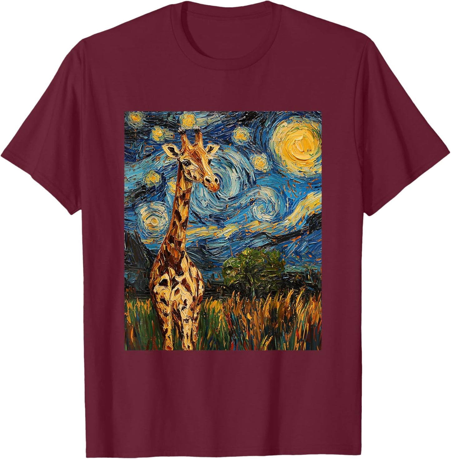 Cute Giraffe Africa - Van Gogh Style - Starry Night T-Shirt - T-Shirt | Maroon