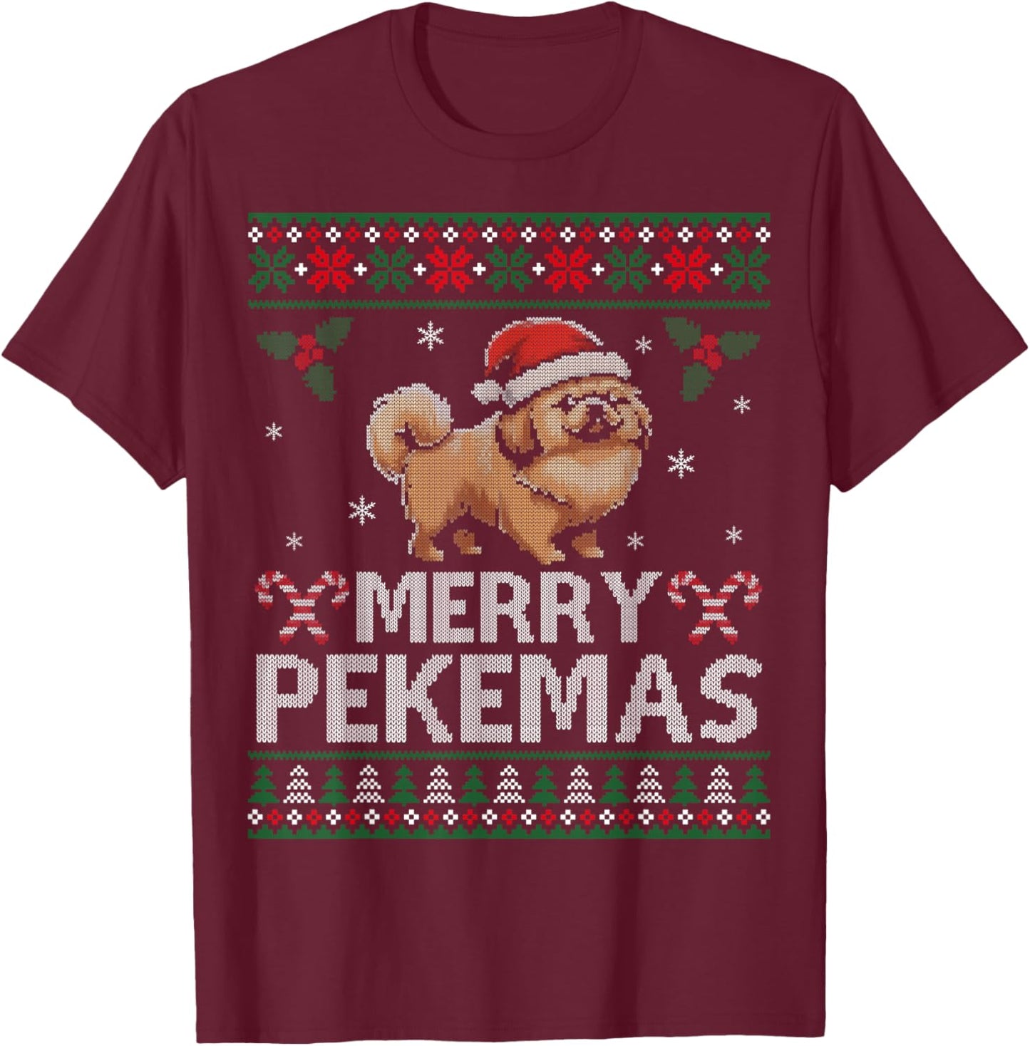 Pekingese Dog Lover Christmas Ugly Xmas Sweater Peke Gift Women Kids T-Shirt - T-Shirt | Maroon