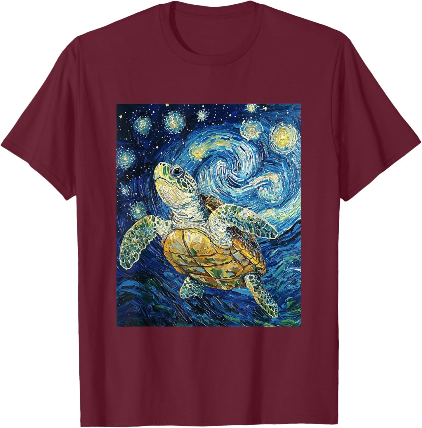 Cute Tortoise Turtle - Van Gogh Style - Starry Night T-Shirt - T-Shirt | Maroon