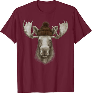 Retro 90s Cute Moose Wearing Beanie Mountain Camping Hiking T-Shirt - T-Shirt | Maroon