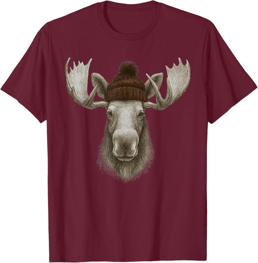 Retro 90s Cute Moose Wearing Beanie Mountain Camping Hiking T-Shirt - T-Shirt | Maroon