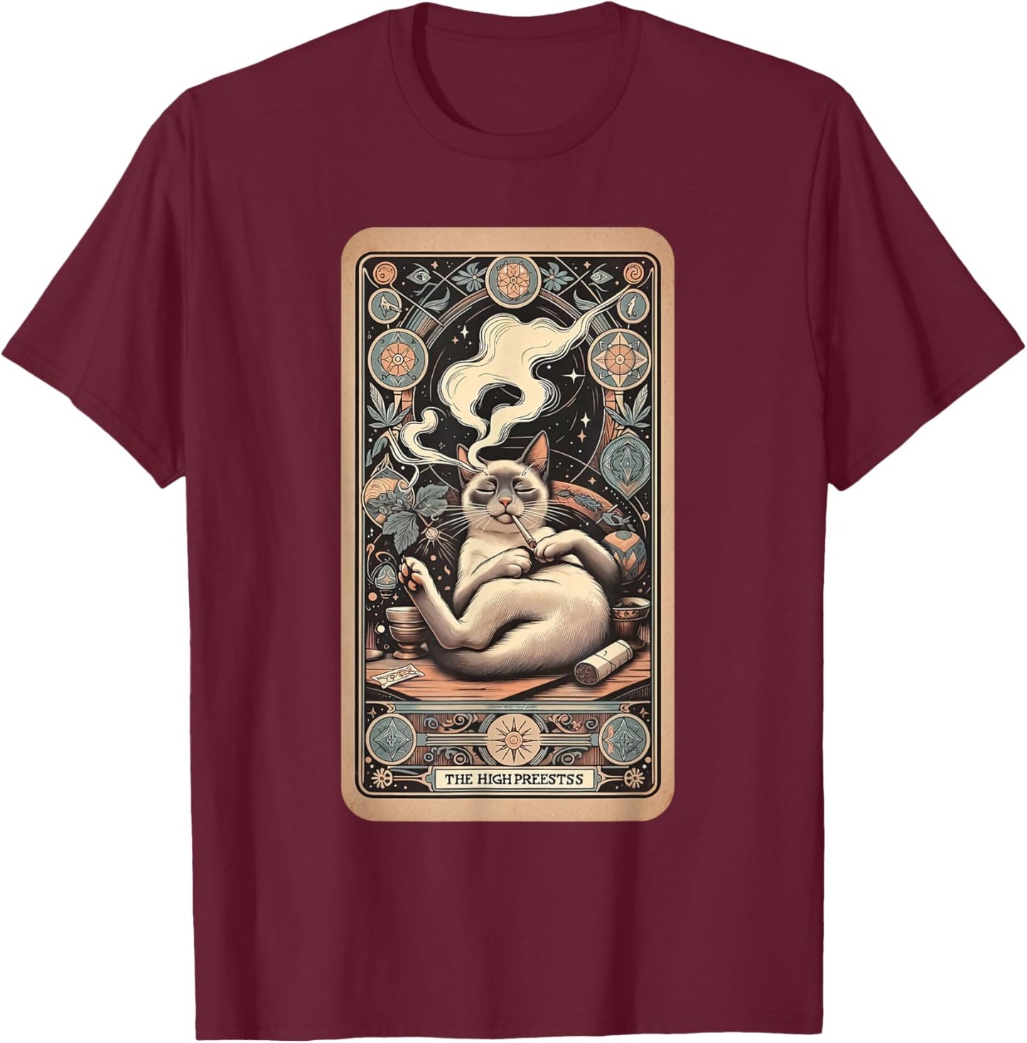 High Priestess Tarot Card Siamese Cat Smoking Weed Cannabis T-Shirt - T-Shirt | Maroon
