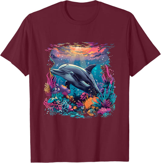Dolphin Marine Sea Ocean Animal Motif Dolphin Lover T-Shirt - T-Shirt | Maroon