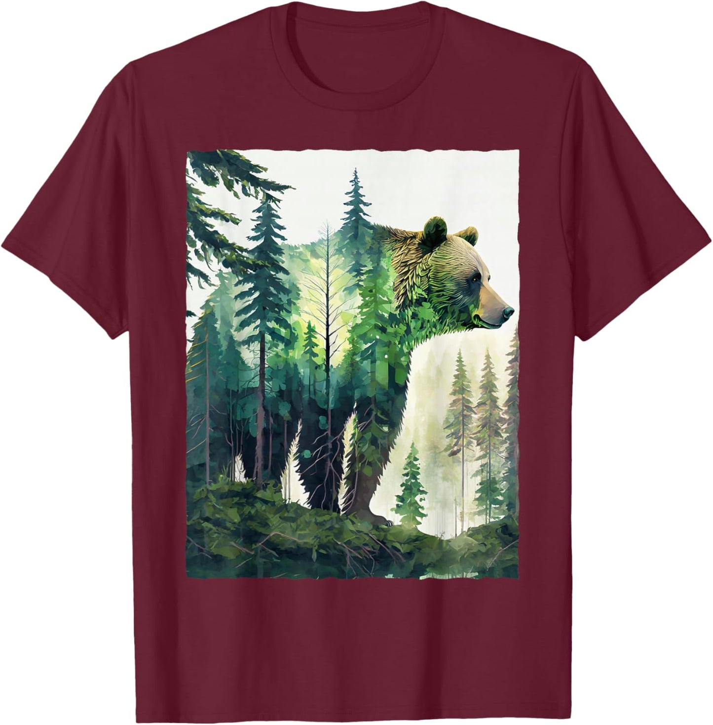 Grizzly Bear Forest Nature Silhouette Hiking Camping Outdoor T-Shirt - T-Shirt | Maroon