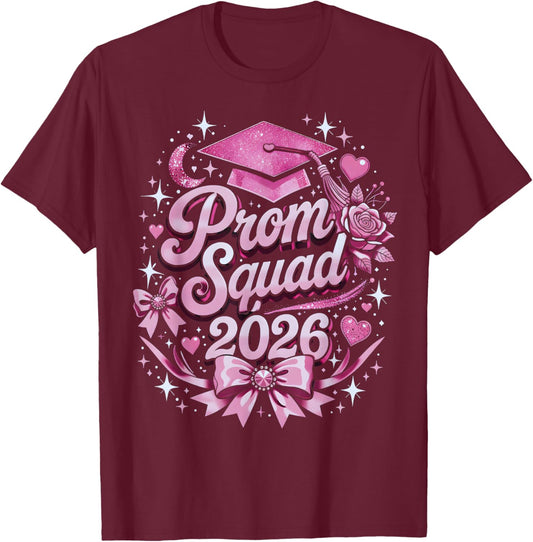 Prom Squad 2026 Class Coquette Bow Graduation Party Matching T-Shirt - T-Shirt | Maroon