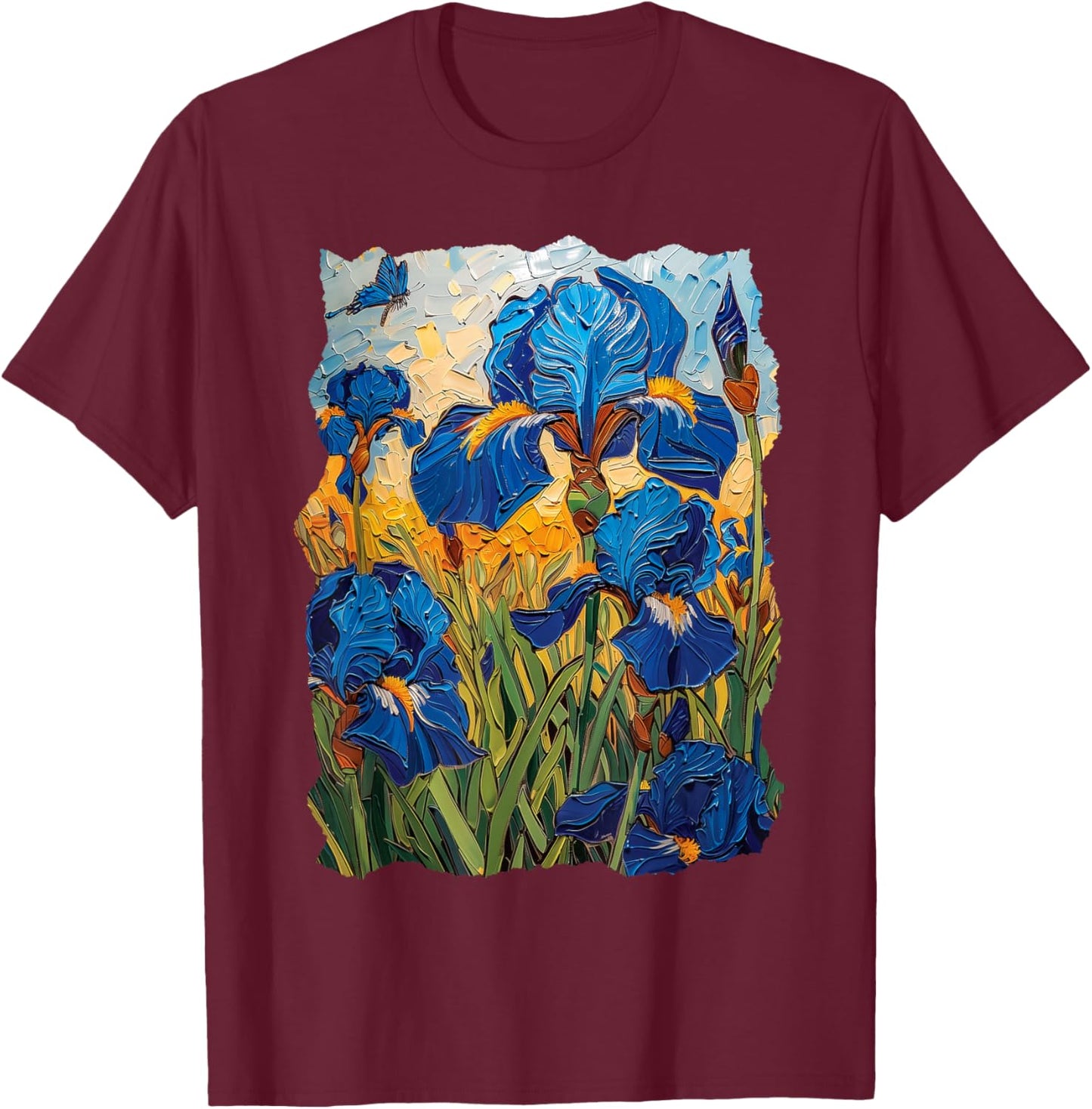 Starry Night Van Gogh Artistic Irises and Butterflies T-Shirt - T-Shirt | Maroon