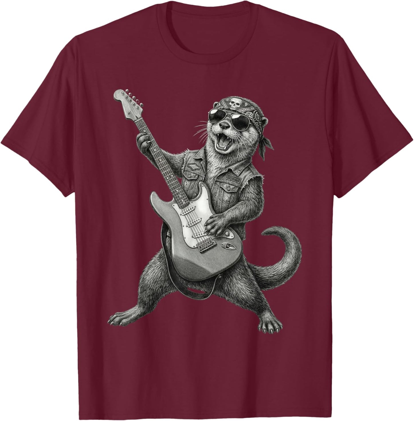 Otter Playing Guitar Rock & Roll Otters Rocker Music T-Shirt - T-Shirt | Maroon