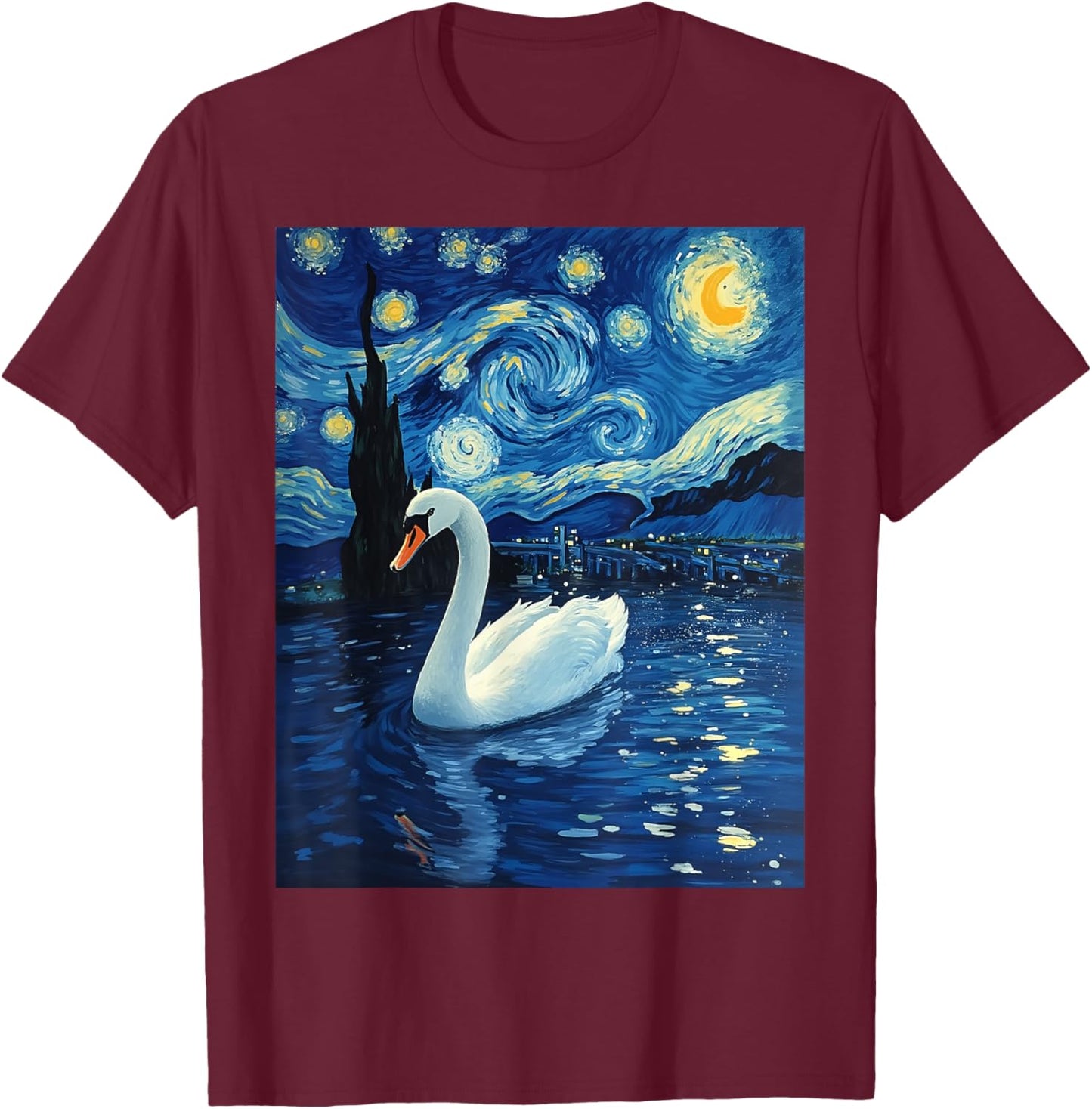 Van Gogh's Starry Night Swan Elegant Glider Animal Lovers T-Shirt - T-Shirt | Maroon