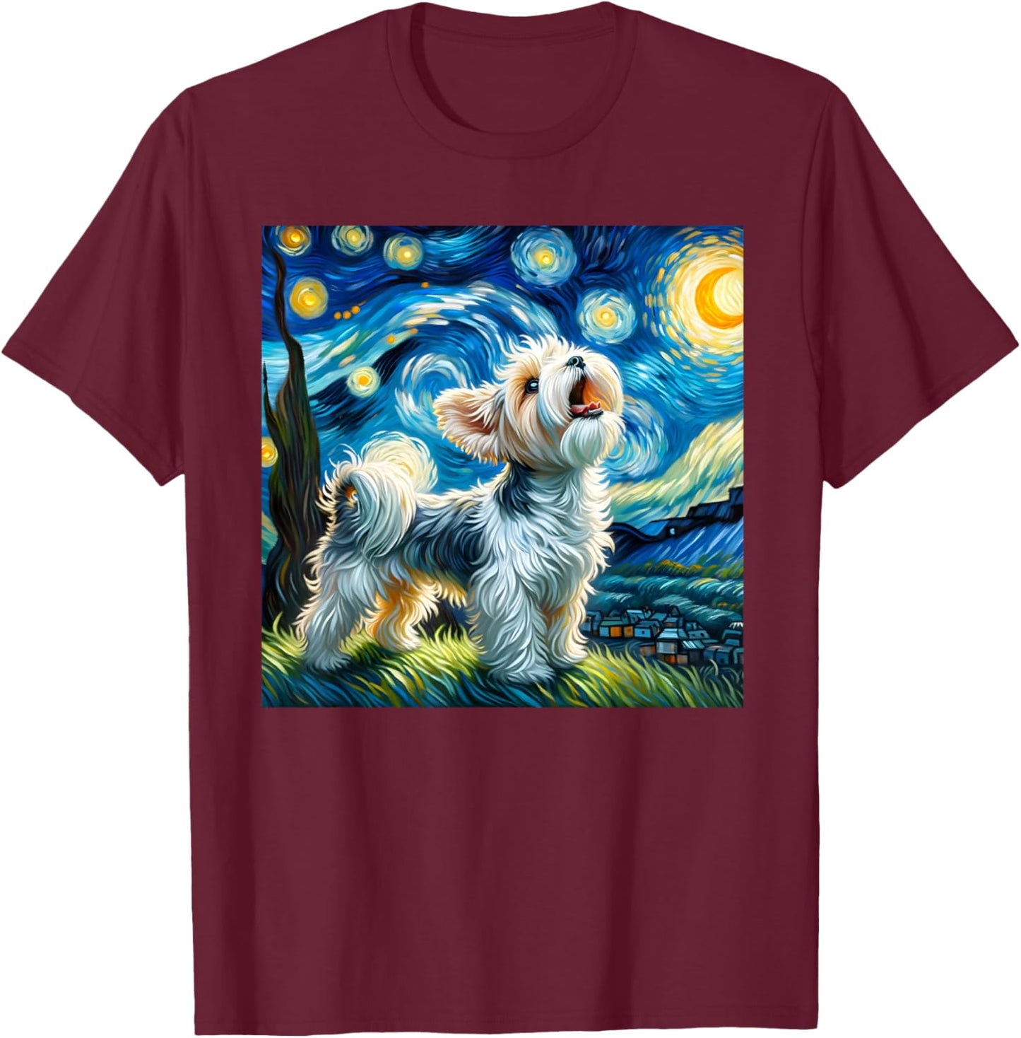 Morkie Howling At The Moon Surreal Starry Night Sky Dog Art Women Kids T-Shirt - T-Shirt | Maroon