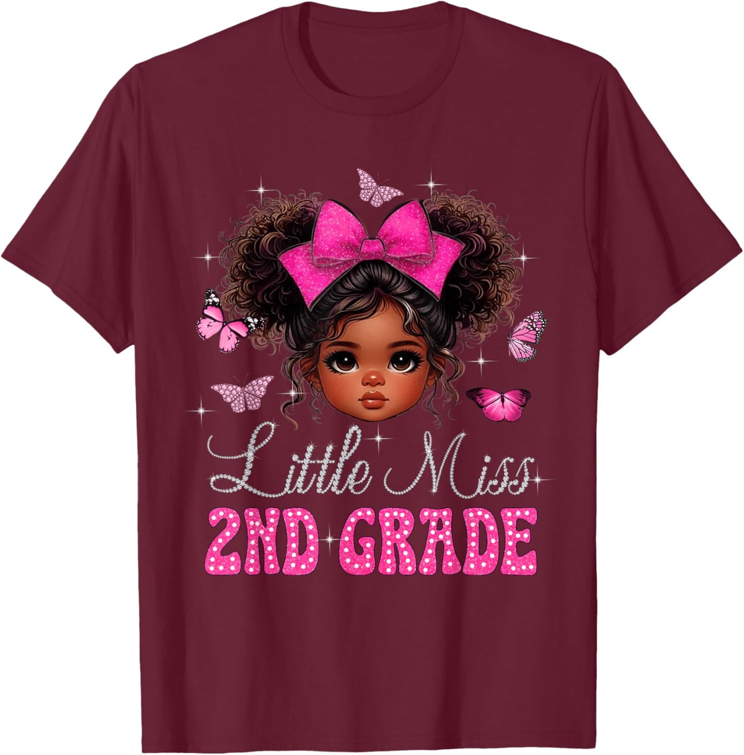 Little Miss 2nd Grade Messy Bun Black Girls Back To School T-Shirt - T-Shirt | Maroon