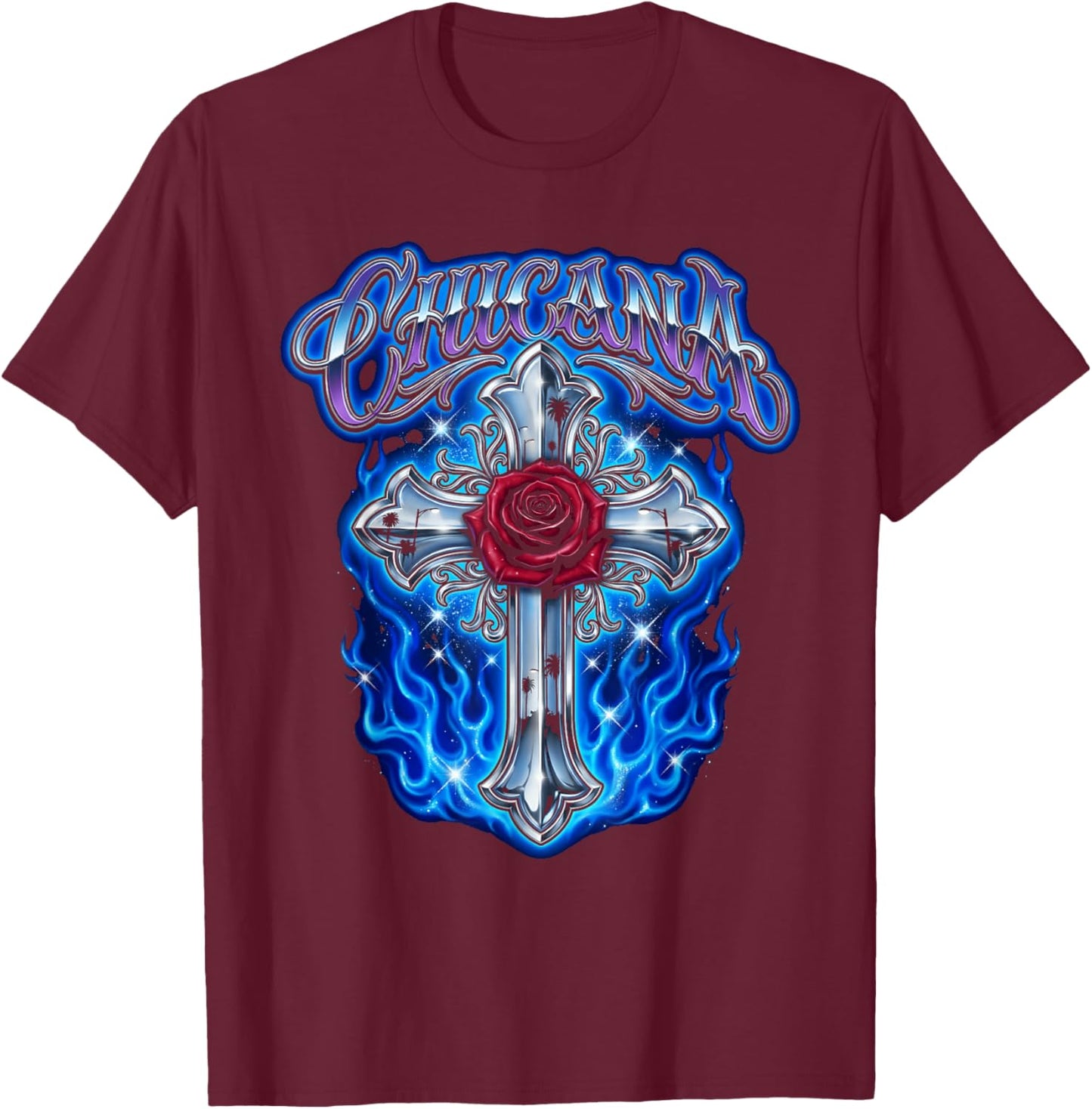 Chicana Lowrider Art Chrome Cross Rose Blue Flames T-Shirt - T-Shirt | Maroon