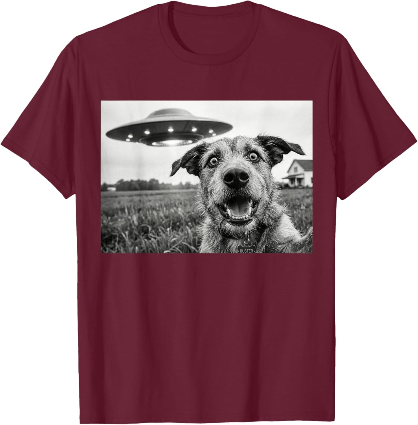 Funny Dog Selfie UFO Flying Saucer Sci-Fi Alien T-Shirt - T-Shirt | Maroon