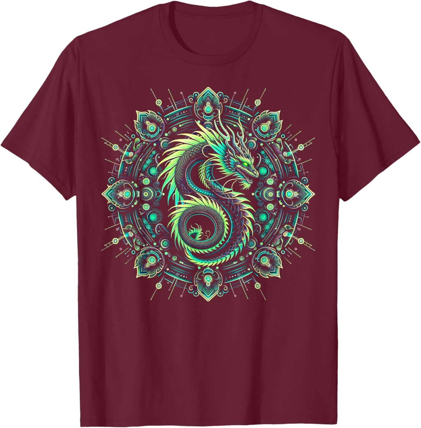 Geometric Dragon Mandala T-Shirt - T-Shirt | Maroon