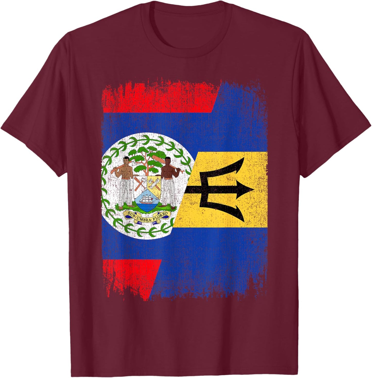 Half Belize Barbados Flag Belizean Barbadian Roots T-Shirt - T-Shirt | Maroon